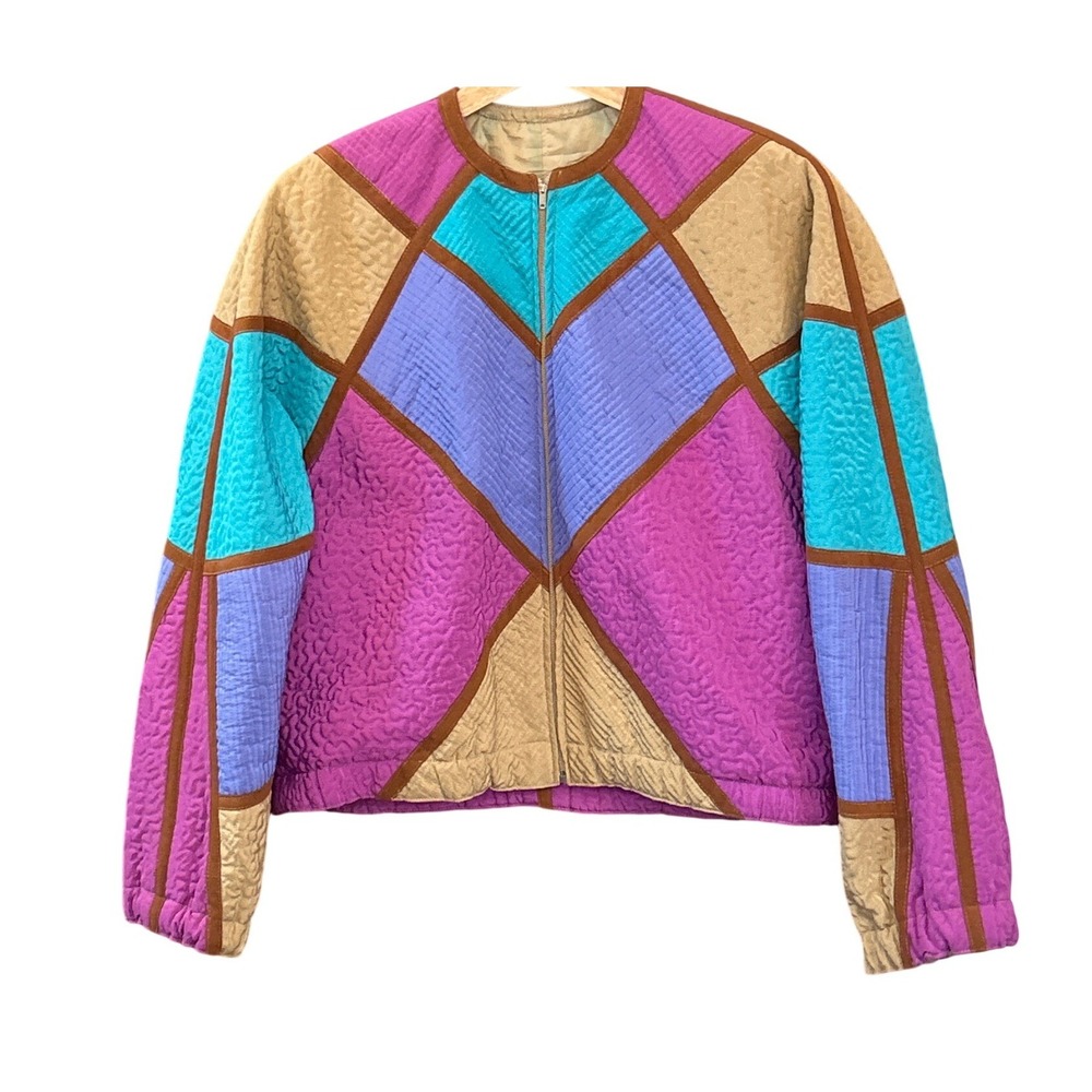 Vintage 70s Quilted Patchwork Jacket Bold Geometric Colorblock Artsy Boho Zip Up